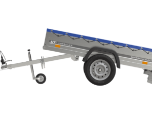 Garden Trailer 200 Kipp Einachsanhänger mit Stützrad und blauer Flachplane