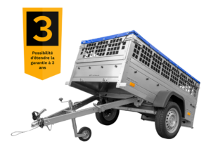 200×106 Gitteranhänger mit blauer Flachplane, Gitterwänden und Stützrad – Garden Trailer 200 KIPP